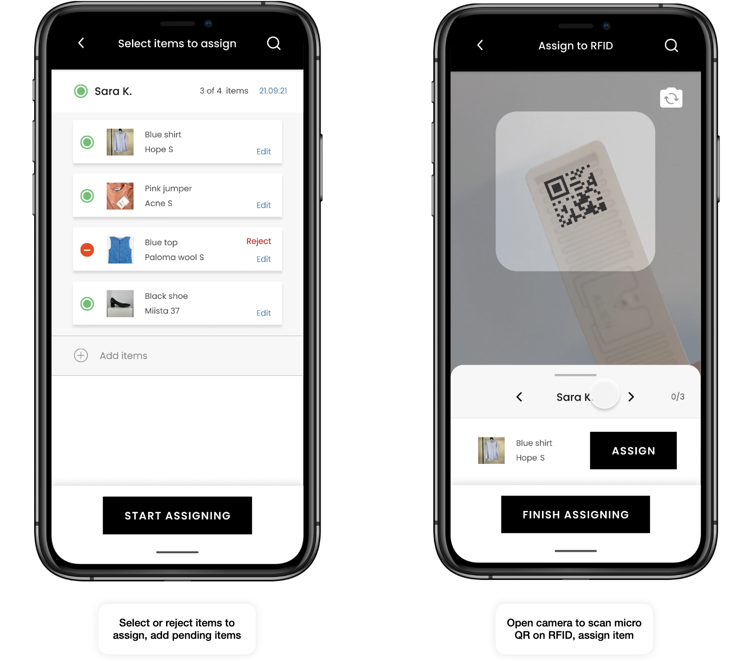 Two smartphone screens showing a retail inventory management app with item selection and QR code scanning for RFID tag assignment.