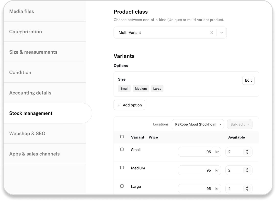 A product management interface showing options to configure product variants, including size selections and pricing information for a multi-variant item.