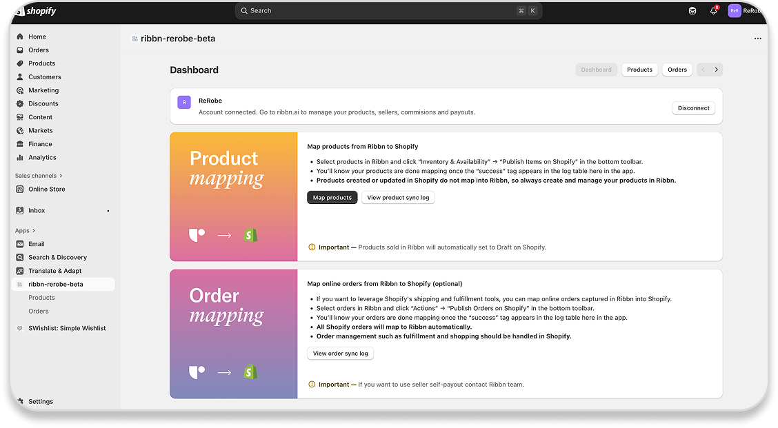 A Shopify admin dashboard showing the Ribbn app integration with product and order mapping instructions.