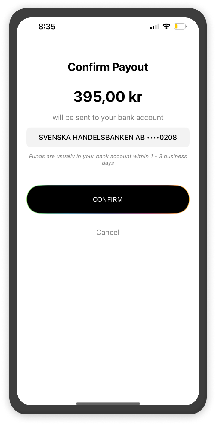 A mobile phone screen confirming a payout of 395 krona to be sent to a Svenska Handelsbanken AB bank account, with a confirm button and notice that funds arrive within 1-3 business days.