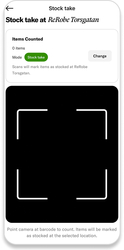 A stock take screen for ReRobe Torsgatan showing an items counted counter at 0 items, with a large black area below containing a camera viewfinder outline for barcode scanning.