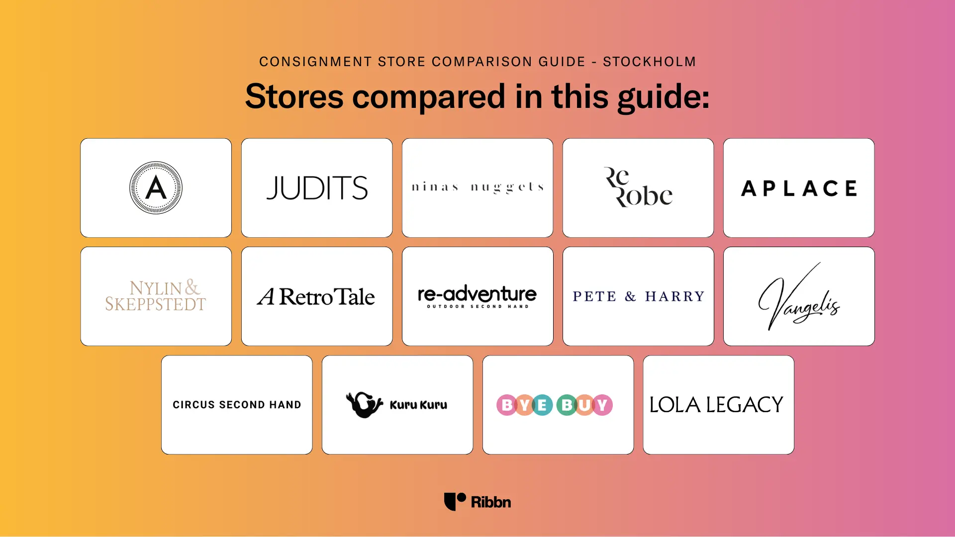 A colorful gradient background displaying a grid of fourteen consignment store logos for Stockholm, including Judits, ninas nuggets, Robe, Aplace, Nylin & Skeppstedt, Retro Tale, re-adventure, Pete & Harry, Vangelis, Circus Second Hand, Kuru Kuru, By