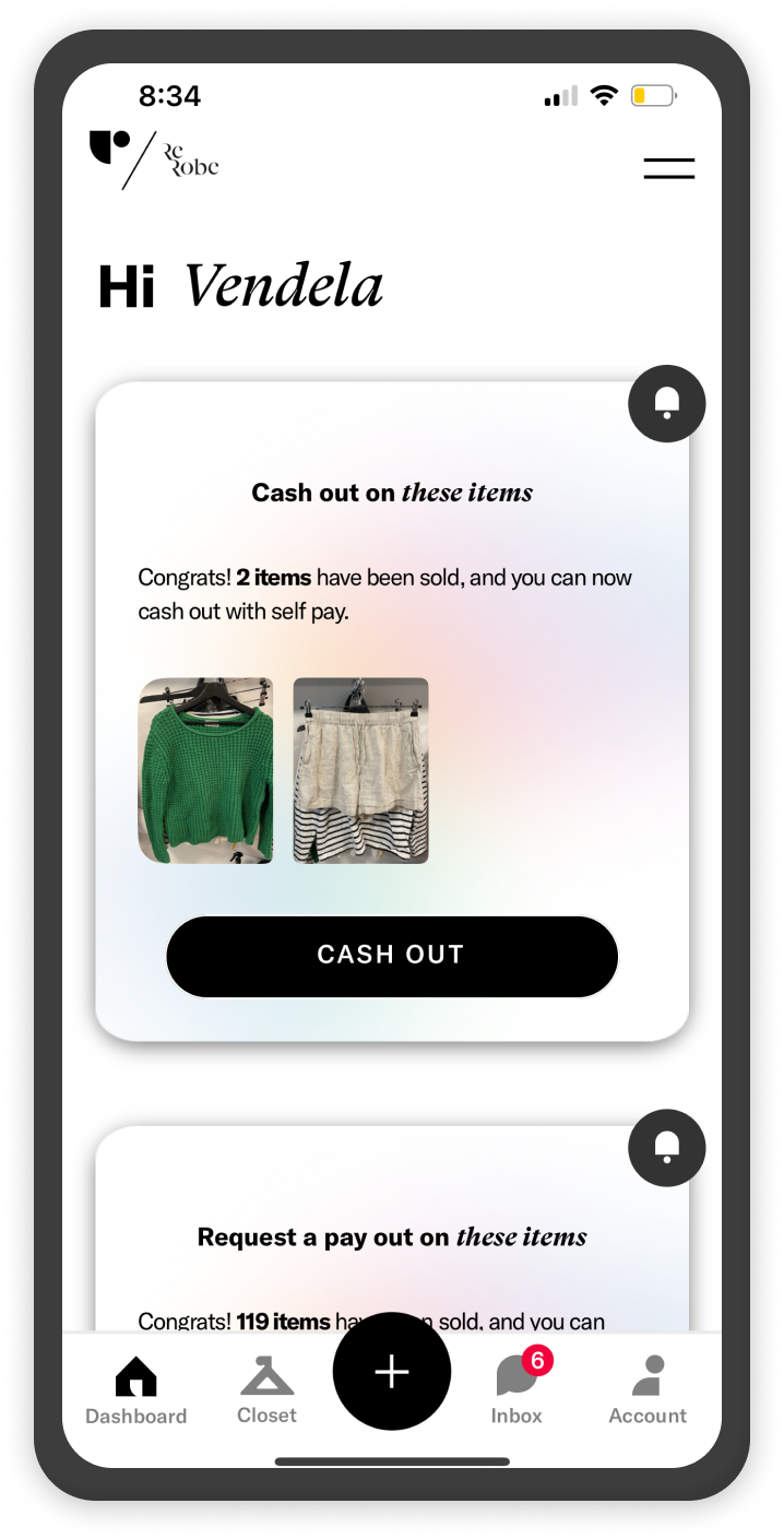 A mobile app screen for Robe showing a greeting to Vendela and notifications about items sold and available for cash out.