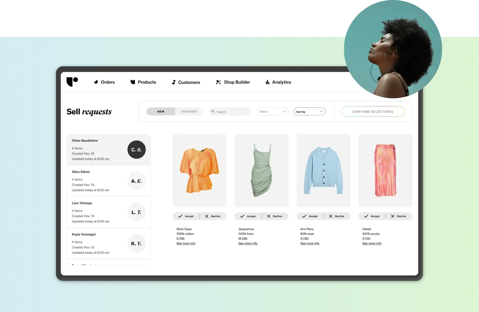 A desktop dashboard showing a 'Sell requests' interface with customer orders for clothing items, including acceptance and decline options for each product.