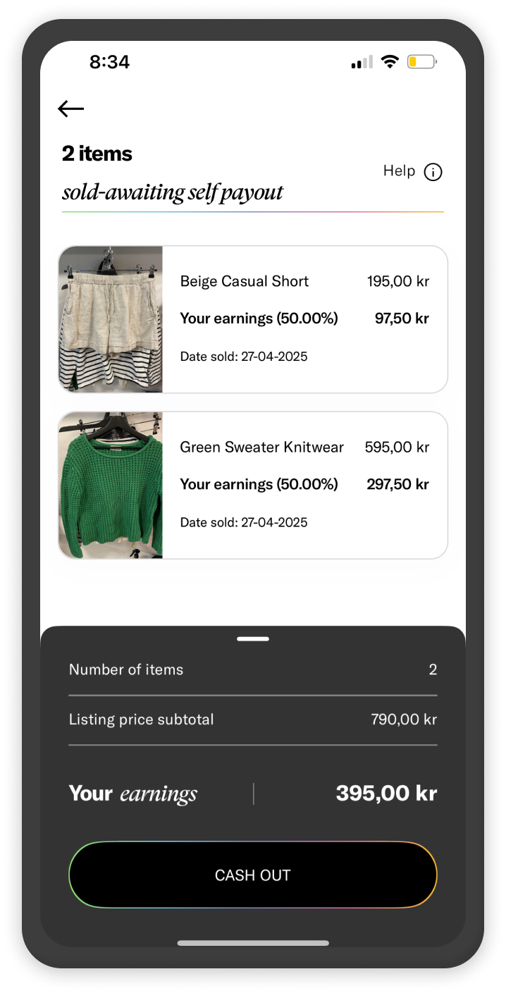 A mobile phone screen showing a payout summary for two sold clothing items: a beige casual short and a green sweater knitwear, with total earnings of 395 krona.