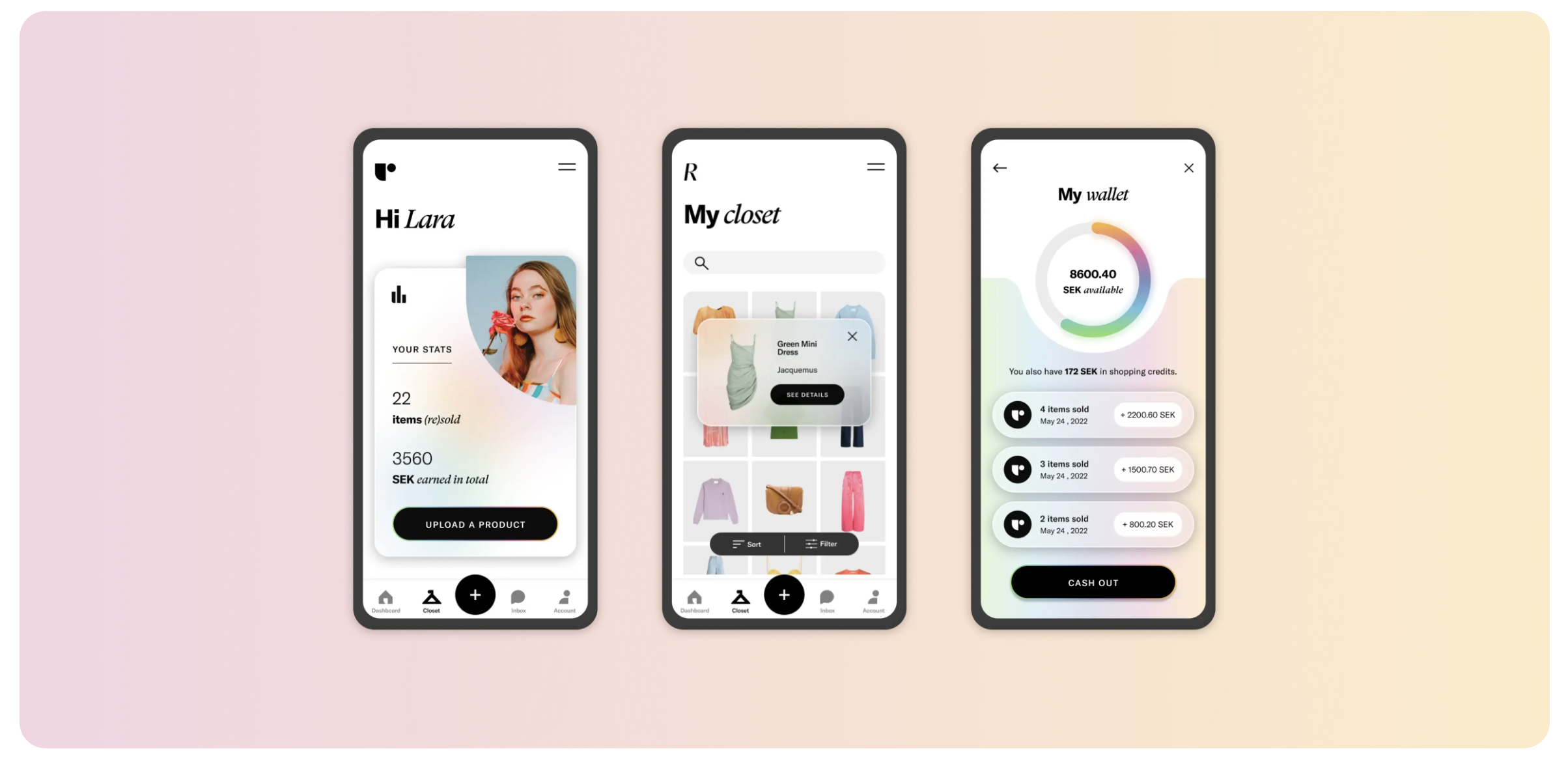 Three smartphone screens displaying a fashion app with user profile, clothing closet inventory, and wallet balance features.