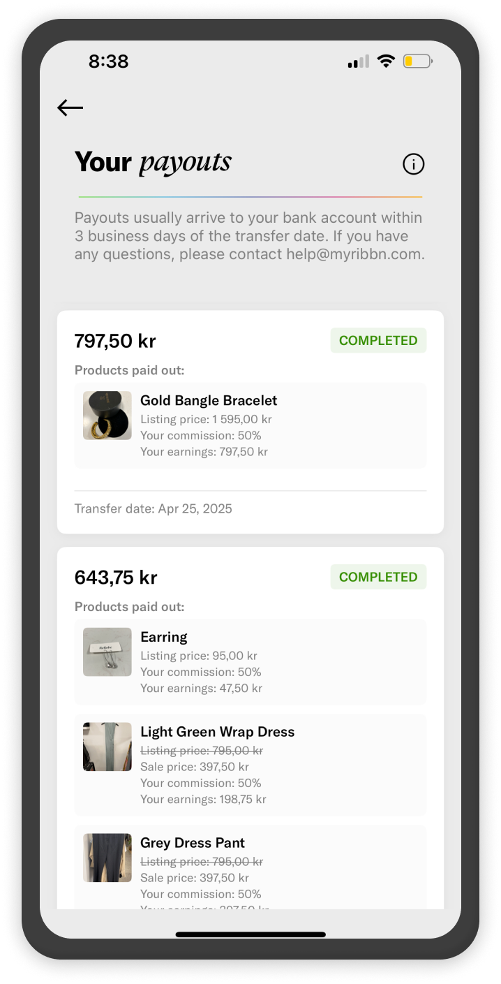A mobile app screen showing completed payouts for sold items including a gold bangle bracelet, earring, light green wrap dress, and grey dress pants with earnings totals and transfer dates.