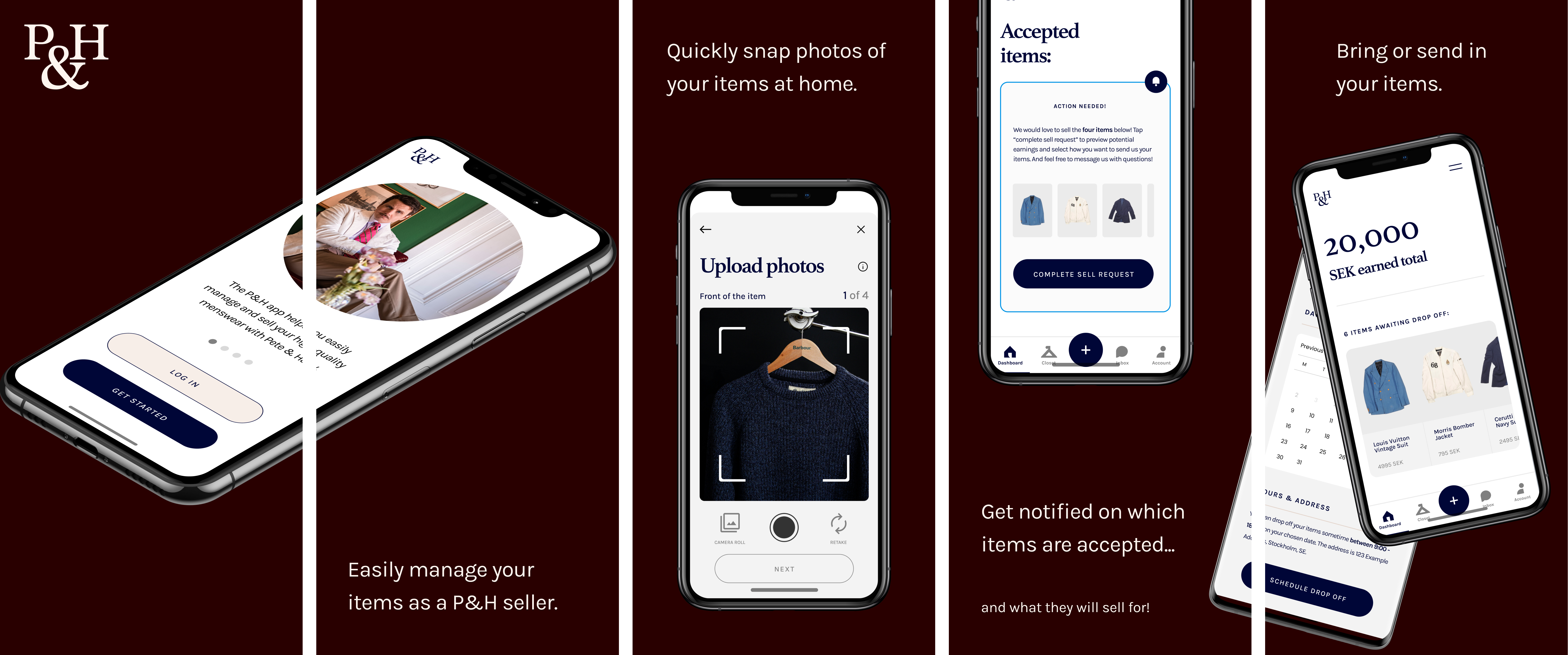 Five phone screens showing the P&H seller flow: signing in, uploading photos of an item, seeing which items are accepted, and a wallet showing 20,000 SEK earned in total.