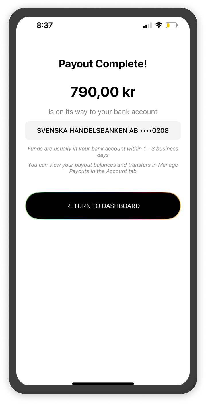 A mobile phone screen showing a successful payout completion message indicating that 790 krona is on its way to the user's Svenska Handelsbanken AB bank account.