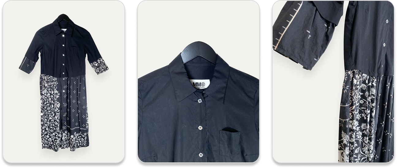 Three product photos showing a navy blue button-up dress with decorative white floral patterned panel, close-up of the collar, and detail of the skirt hem.