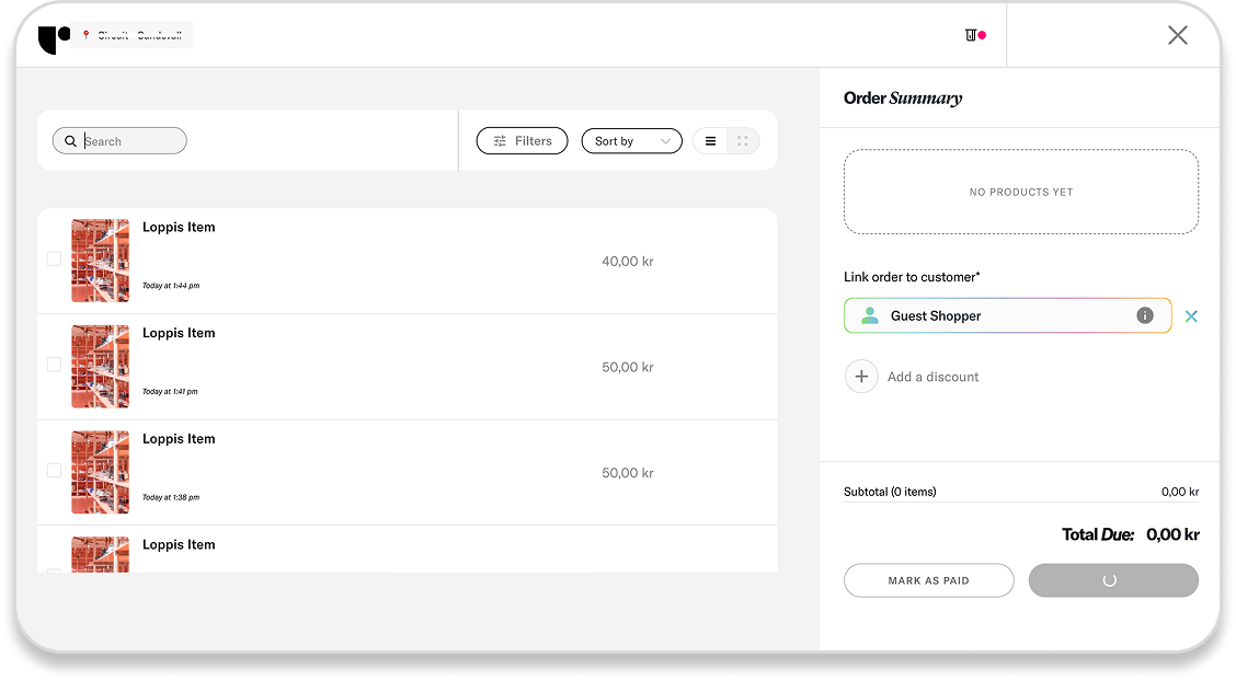 A Ribbn order management interface showing a list of items with prices and an order summary panel on the right.