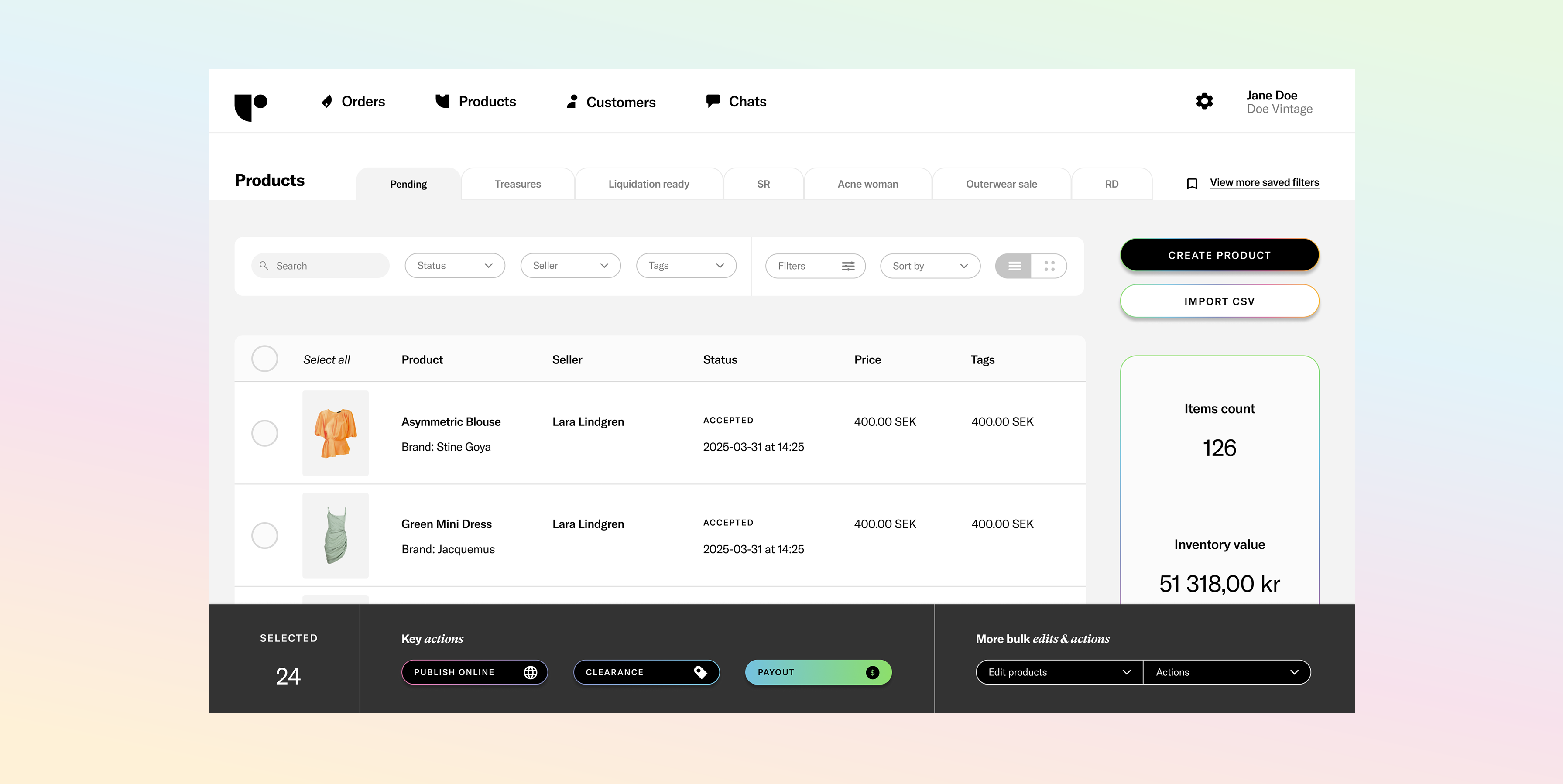 A product inventory management dashboard showing a list of clothing items with seller, status, price, and tags information.