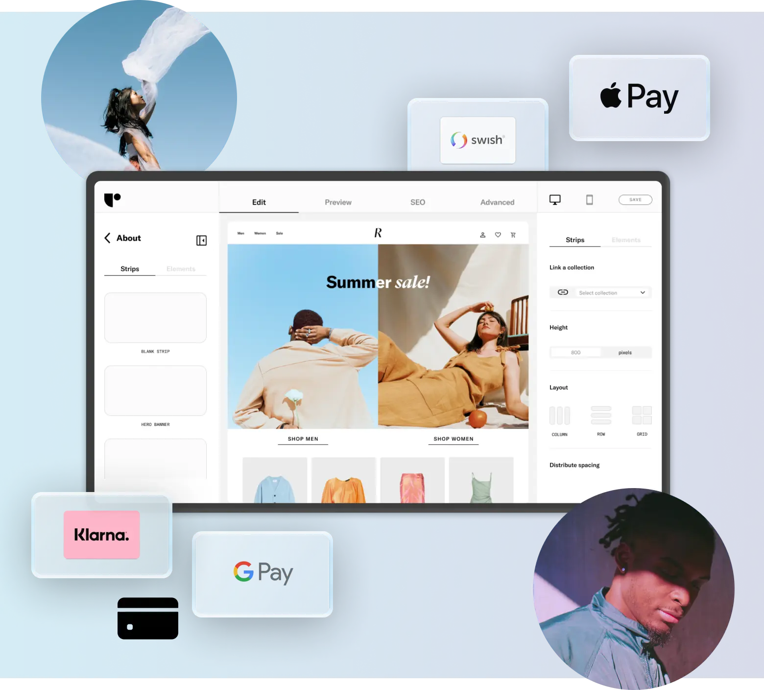 A Shopify store editor interface displaying a summer sale page with product photos, surrounded by payment and service logos including Apple Pay, Google Pay, Swish, and Klarna.