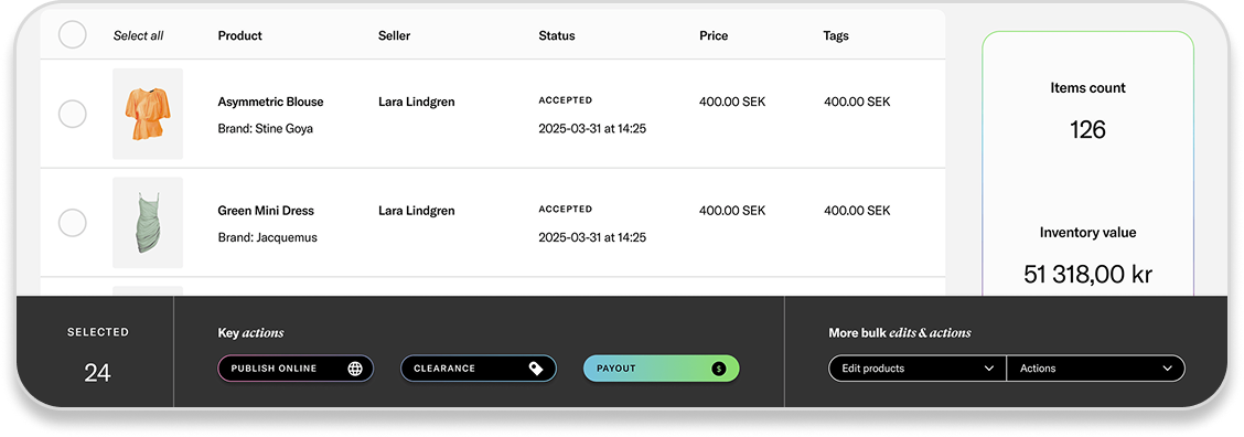 A Ribbn marketplace inventory table displaying products with seller information, status, and pricing, with bulk actions at the bottom.